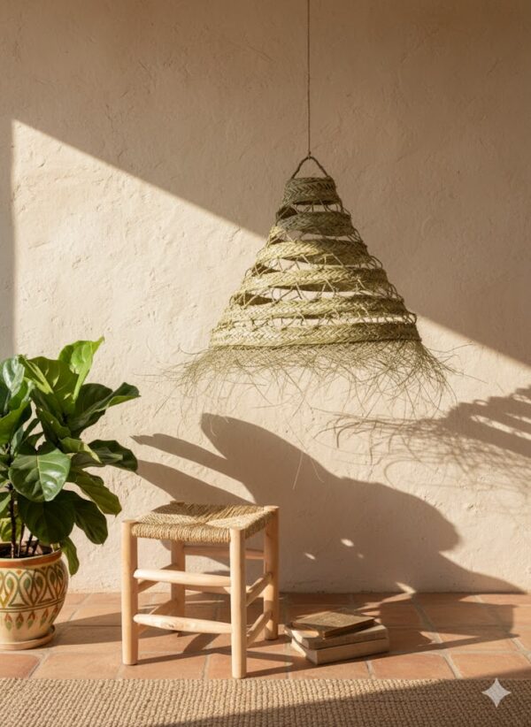 Suspension en paille tressée – Fait main au Maroc 🌿
