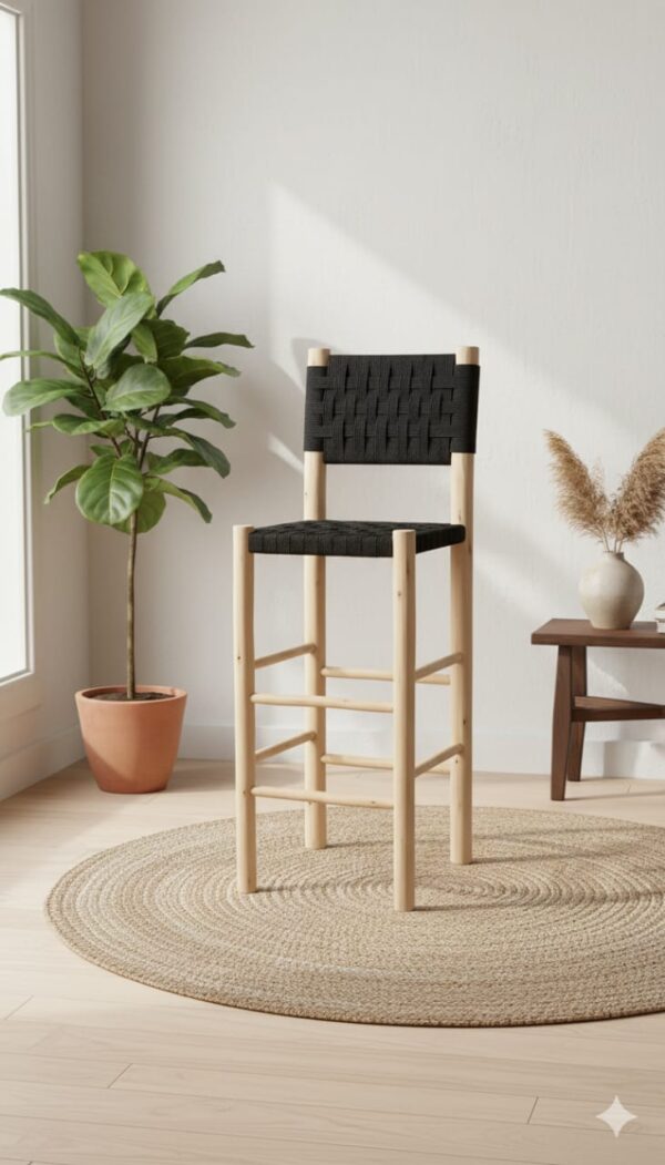🪑 Tabouret de bar marocain en bois de laurier et corde traditionnelle