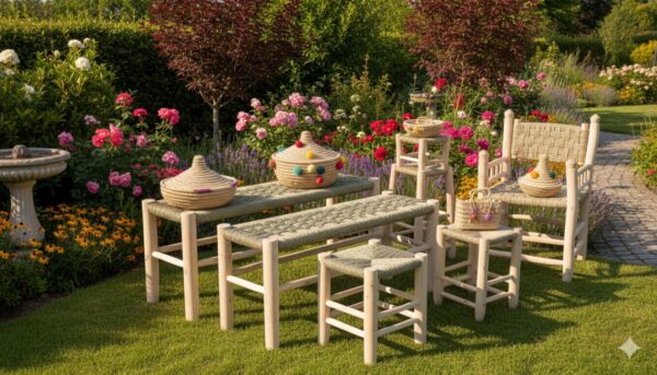 🪑 Tabouret Marocain en Bois et Cuir – Artisanat Bohème Chic