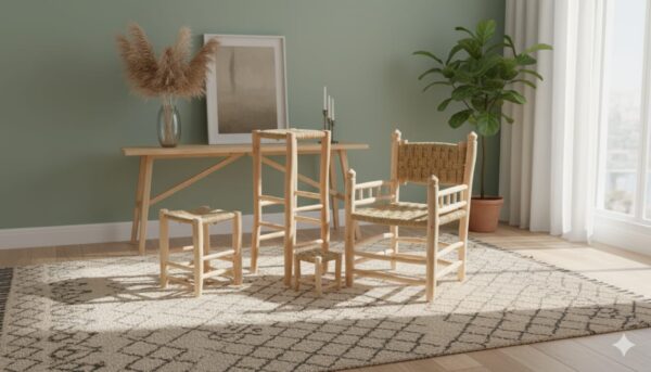 🪑 Tabouret Marocain en Bois et Cuir – Artisanat Bohème Chic