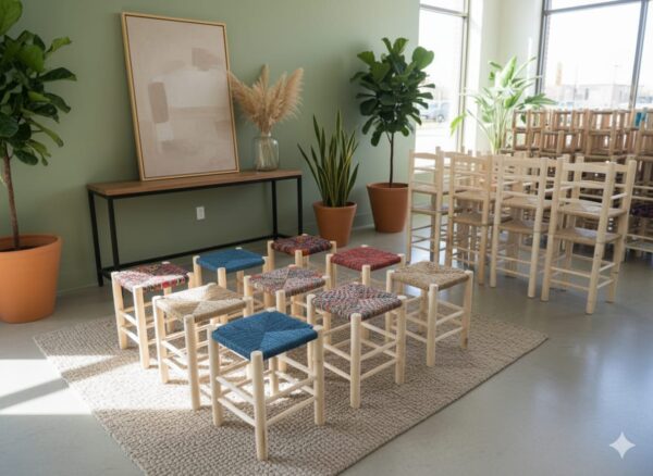 🪑 Tabouret Marocain en Bois et Cuir – Artisanat Bohème Chic