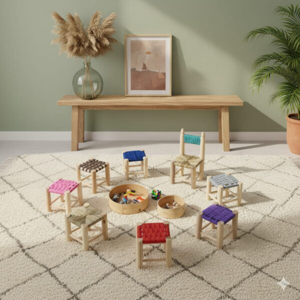 🪑 Tabouret marocain fait main en Boucherouite – Coopérative Ibdaa Yadi