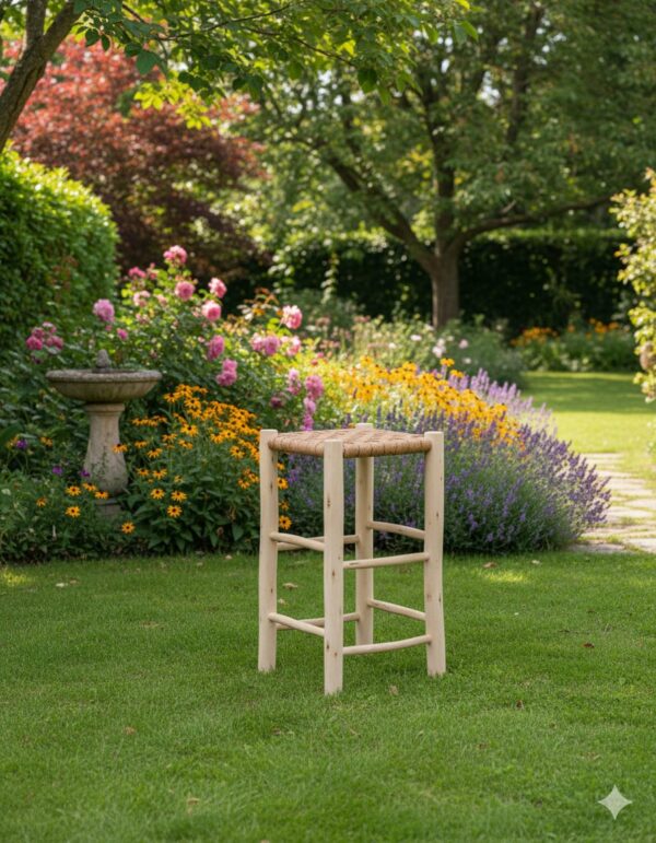 🪑 Tabouret de bar marocain fait main en bois d’eucalyptus et cuir – Coopérative Ibdaa Yadi