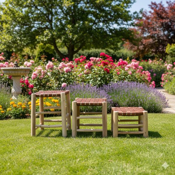 🪑 Tabouret Marocain en Bois et Cuir – Artisanat Bohème Chic